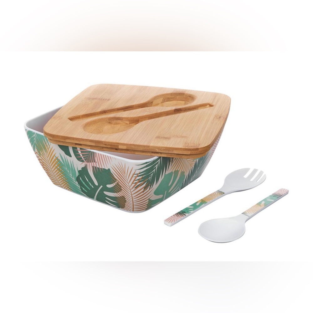 New TrueLiving Leafy Plant Printed Serving Bowl with Lid & Utensils (BB-D)